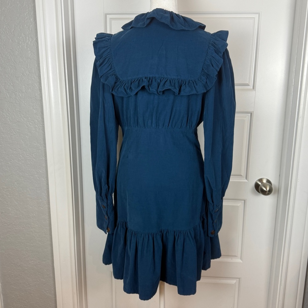 Thierry Colson blue corduroy long sleeve ruffle dress size Small - Picture 7 of 10